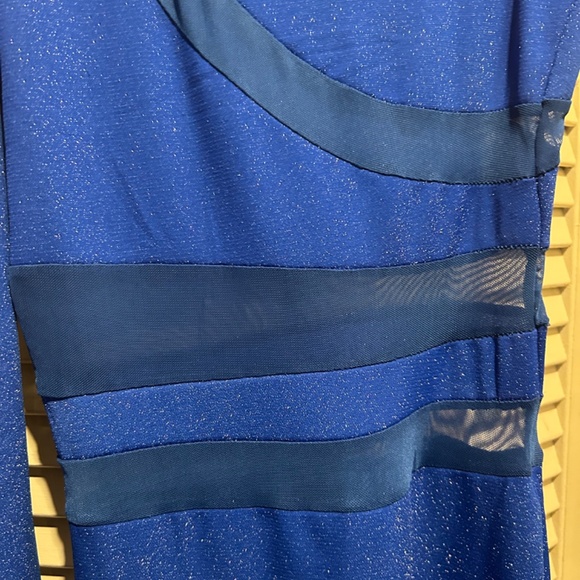 NWOT One Shoulder Contrast Mesh Bodycon Cocktail Dress Metallic Royal Blue - Picture 2 of 5